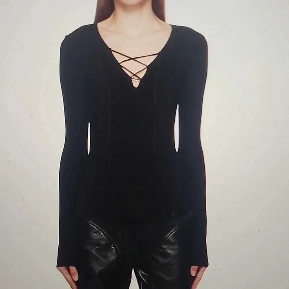 RAG & BONE BLACK CARRIE LACE-UP RIBBED- KNIT TOP SIZE XS
